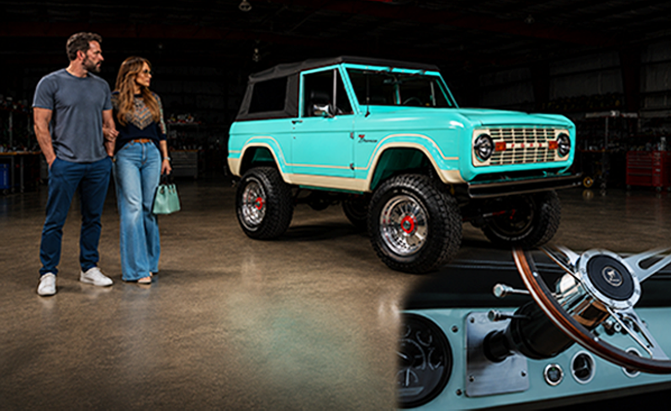 Ben Affleck and Jennifer Lopez with a 1967 Ford Bronco featuring Digital Guard Dawg push-to-start
